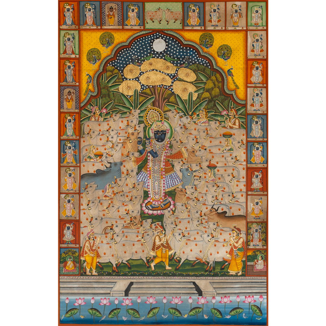 Gopashtami with 24 Swaroop Shree Gokul Chandrama Ji Pichwai Handmade Painting