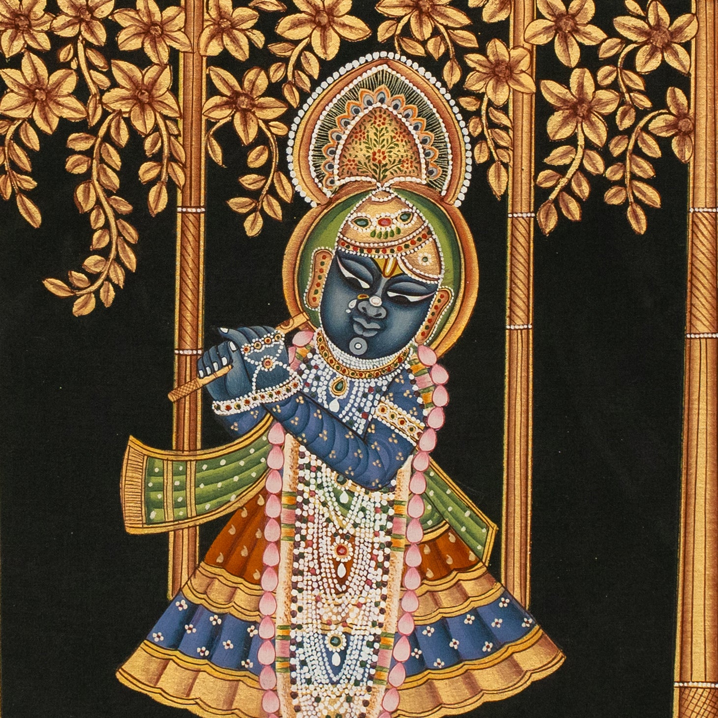 Handmade Black & Gold Pichwai Painting of Shrinath Ji Gokul Chandrama Ji Swaroop