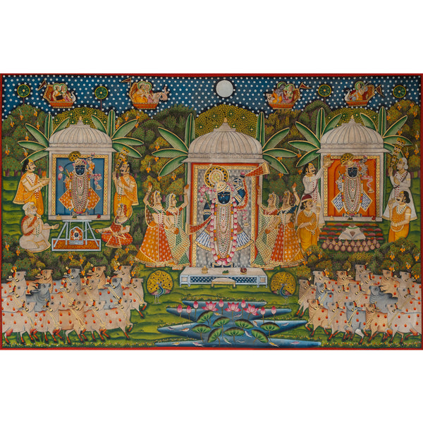 Pichwai 3 Roop Shrinathji with Cows Pichwai Handmade Painting