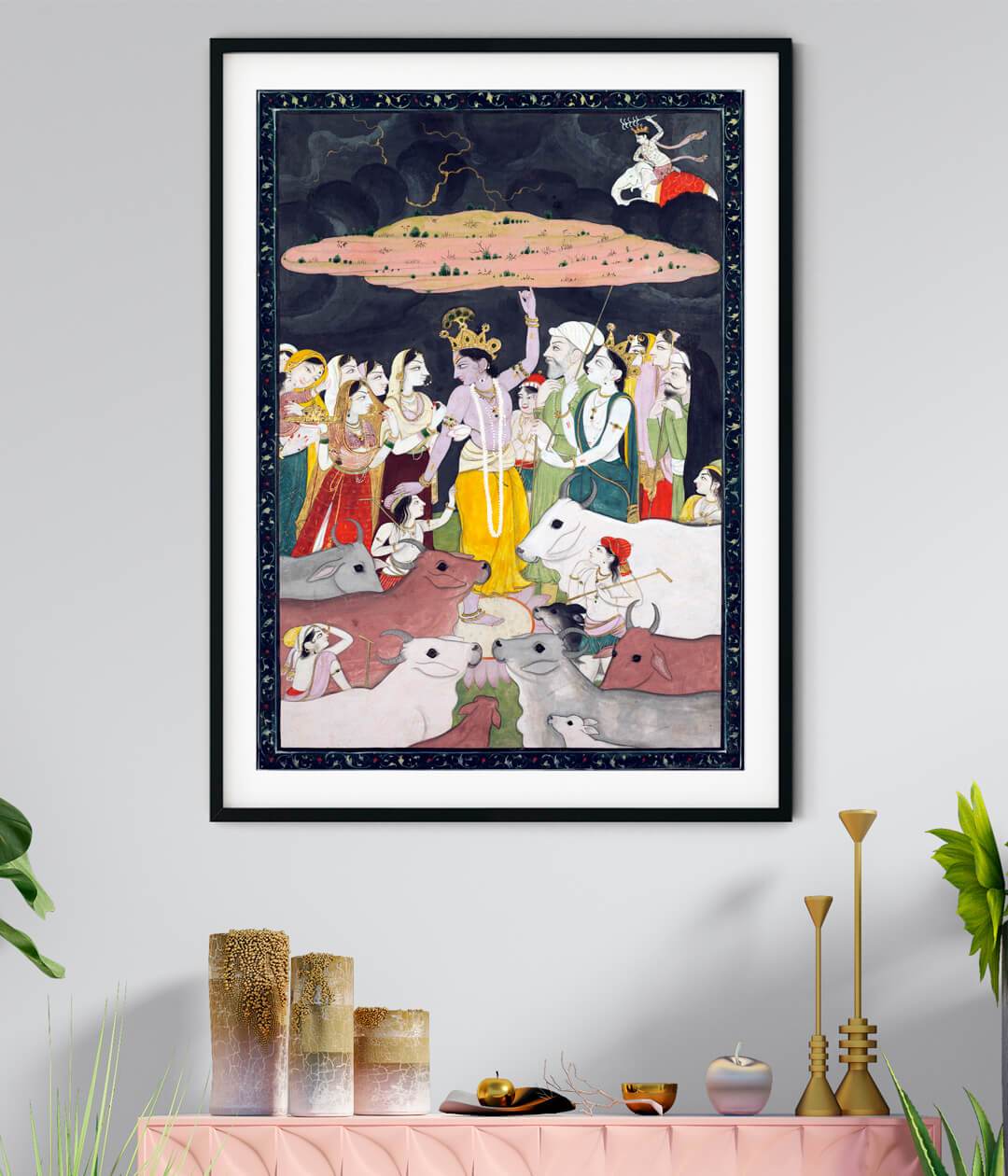 Framed Lord Krishna Govardhan Pahari Art Painting For Home Wall Art Decor