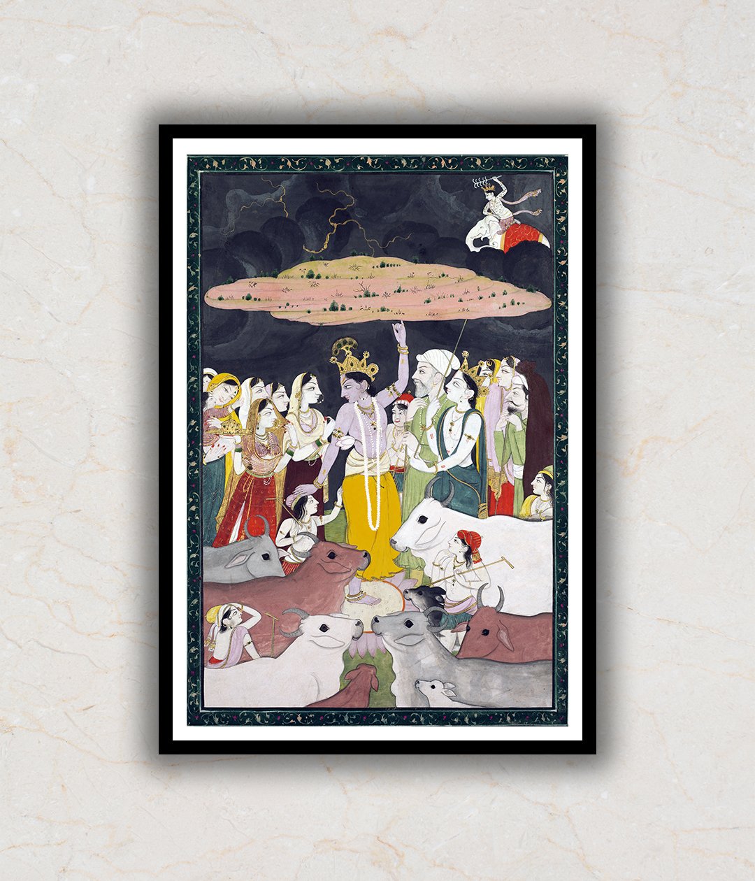 Framed Lord Krishna Govardhan Pahari Art Painting For Home Wall Art Decor