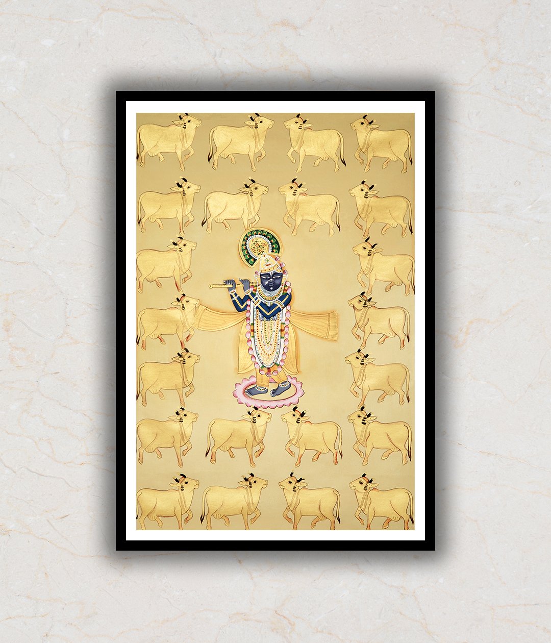 Shrinath Ji (Shri Krishna) with Cows Gold Pichwai Art Painting For Home Wall Art Decor