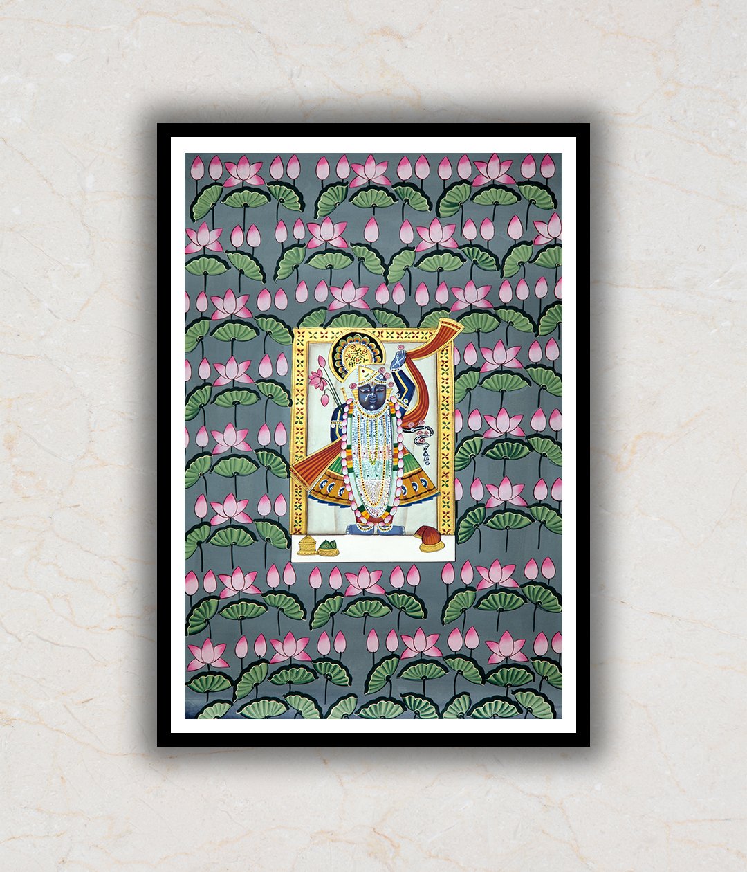 Shrinath Ji (Shri Krishna) in Lotus Pond Pichwai Art Painting For Home Wall Art Decor 1