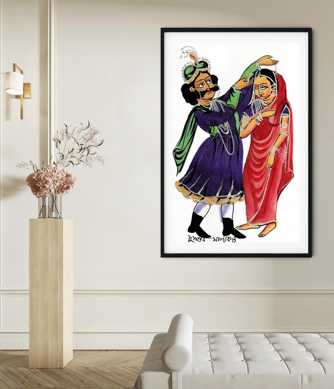 Dusmanta Garlanding Shakumtala Kalighat Art Painting For Home Wall Art Decor