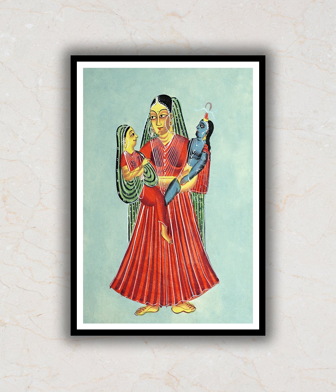 Yashoda Holding Krishna and Radha Kalighat Art Painting For Home Wall Art Decor