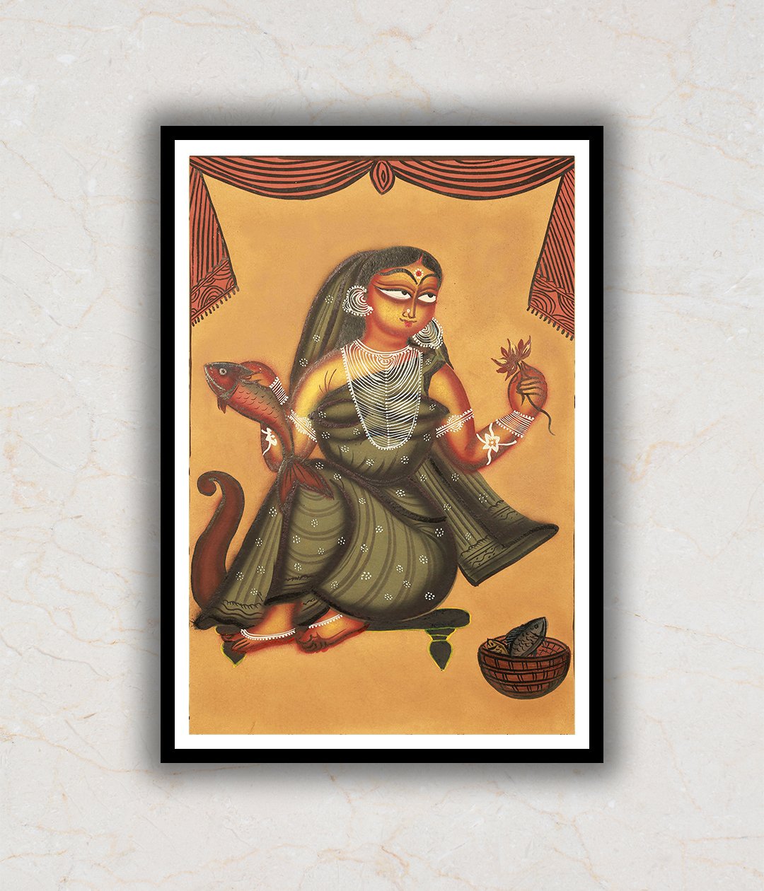 Woman wielding Fish Kalighat Art Painting For Home Wall Art Decor