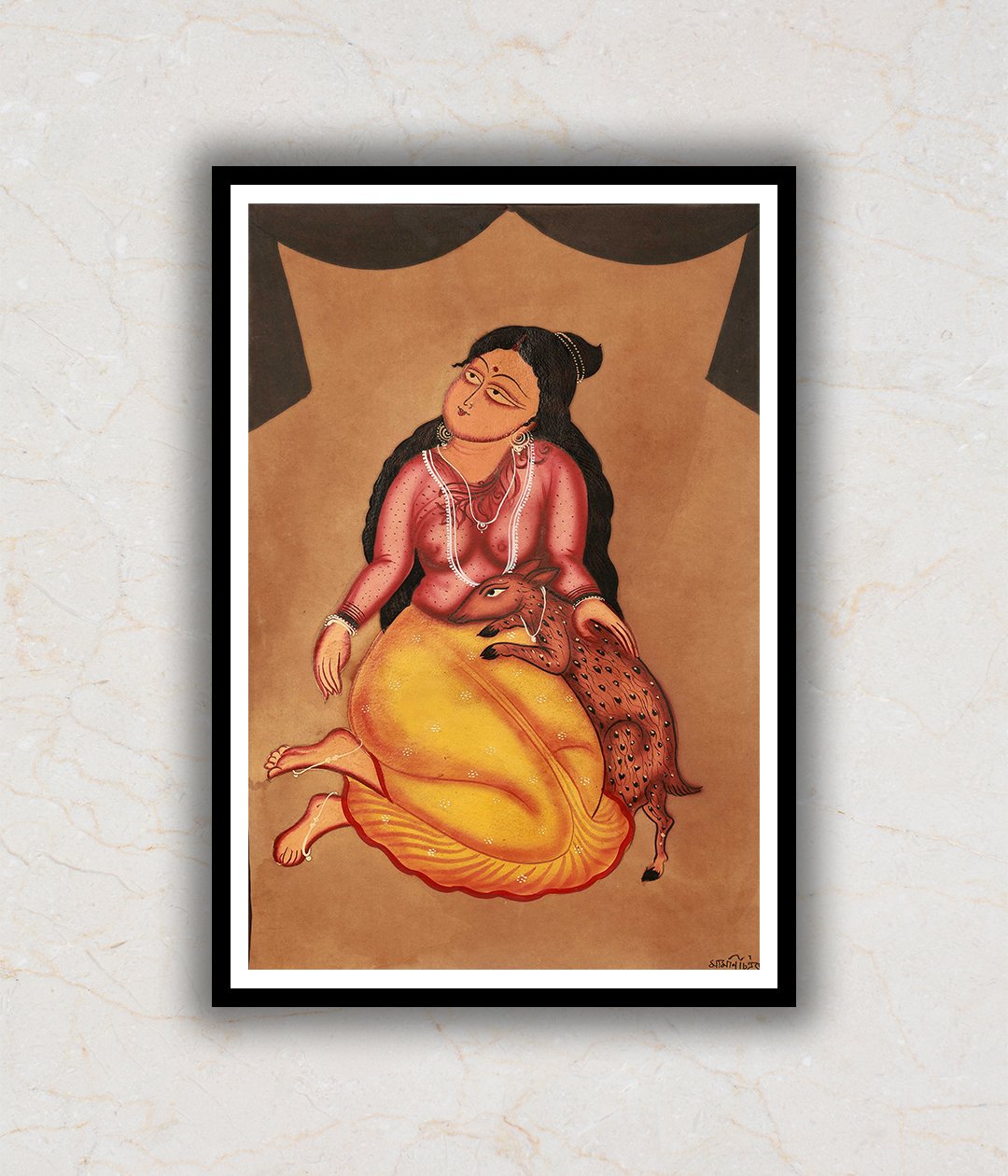 Woman Fostering a Fawn Kalighat Art Painting For Home Wall Art Decor 2