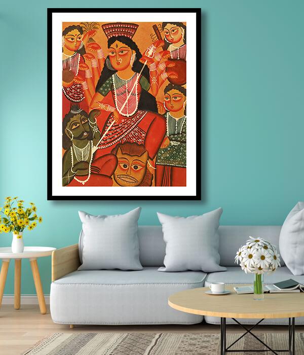 Goddess Durga Vanquishing Demons Kalighat Art Painting For Home Wall Art Decor