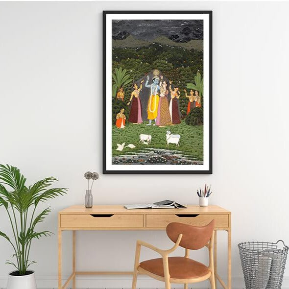 Krishna and the Gopis Take Shelter from the Rain Pichwai Art Painting For Home Wall Art Decor