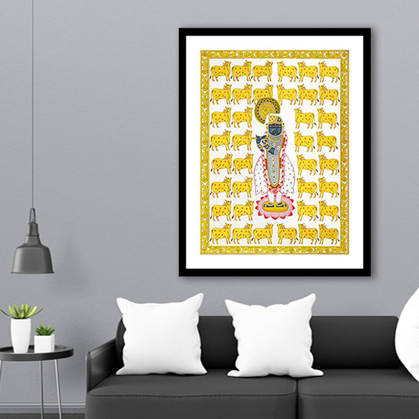 Shrinath Ji (Shri Krishna) with Cows Pichwai Art Painting For Home Wall Art Decor