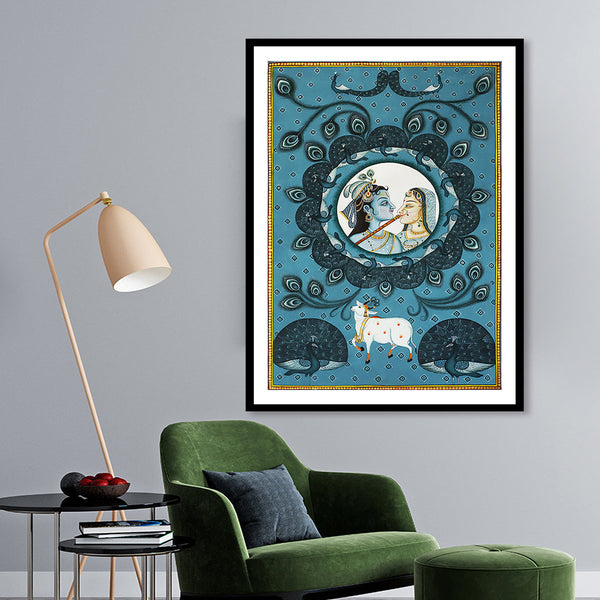 Contemporary Style Radha Krishna Cow and Peacocks Pichwai Art Painting For Home Wall Art Decor