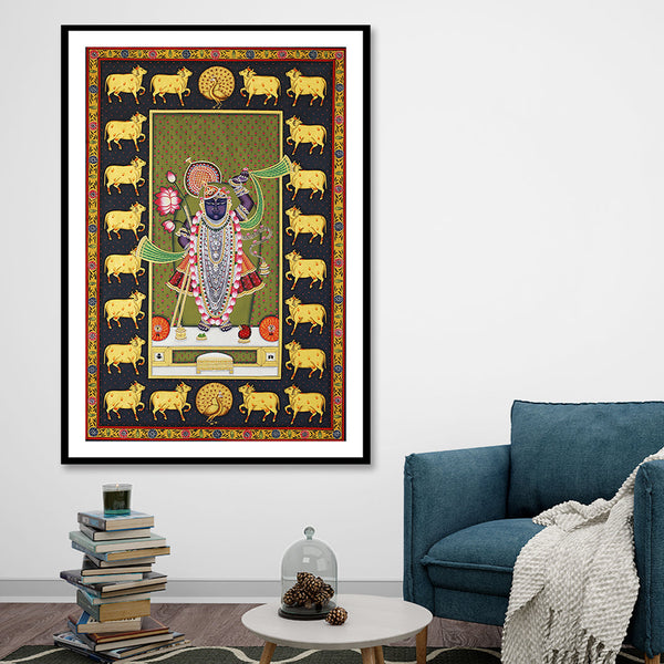 Shrinath Ji (Shri Krishna) Black and Gold Pichwai Art Painting For Home Wall Art Decor