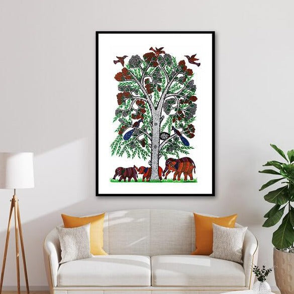 Elephants and Tree Gond Art Painting For Home Wall Art Decor 1