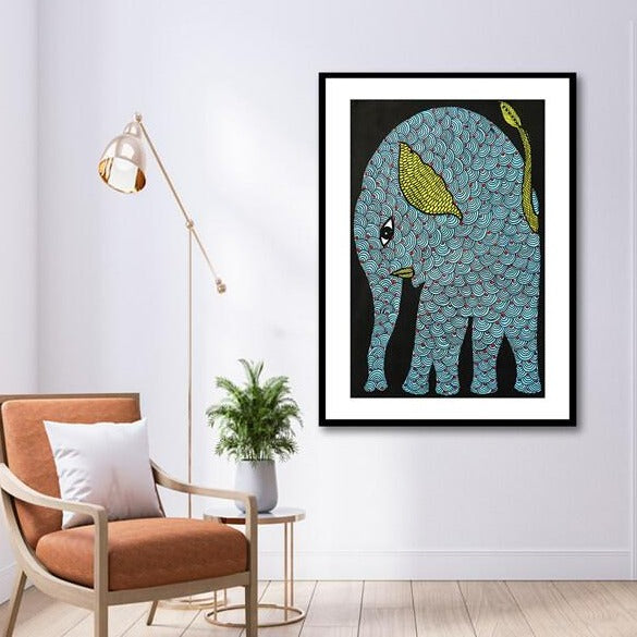 Blue Elephant Gond Art Painting For Home Wall Art Decor