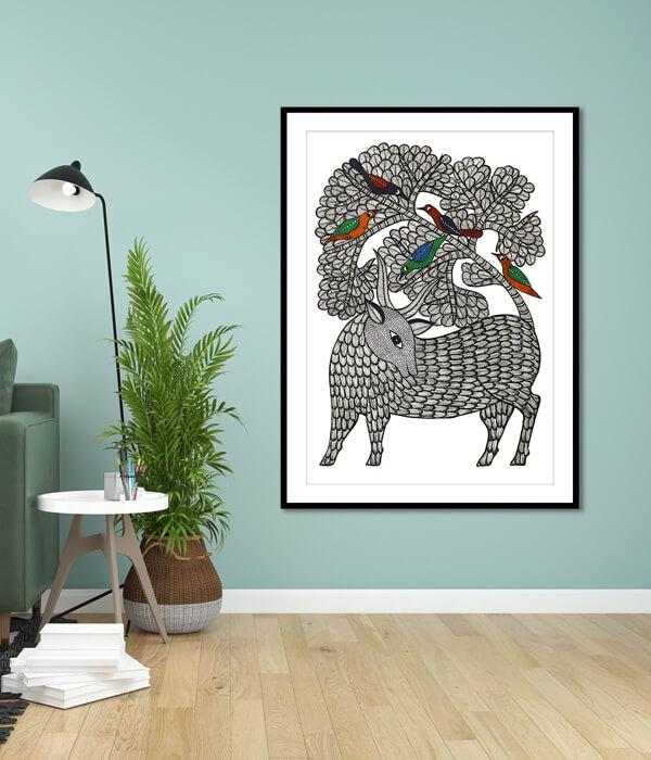 Deer and Tree Gond Art Painting For Home Wall Art Decor 3