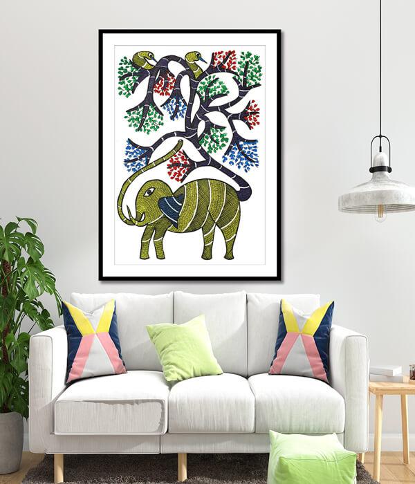 Elephant and Tree Gond Art Painting For Home Wall Art Decor