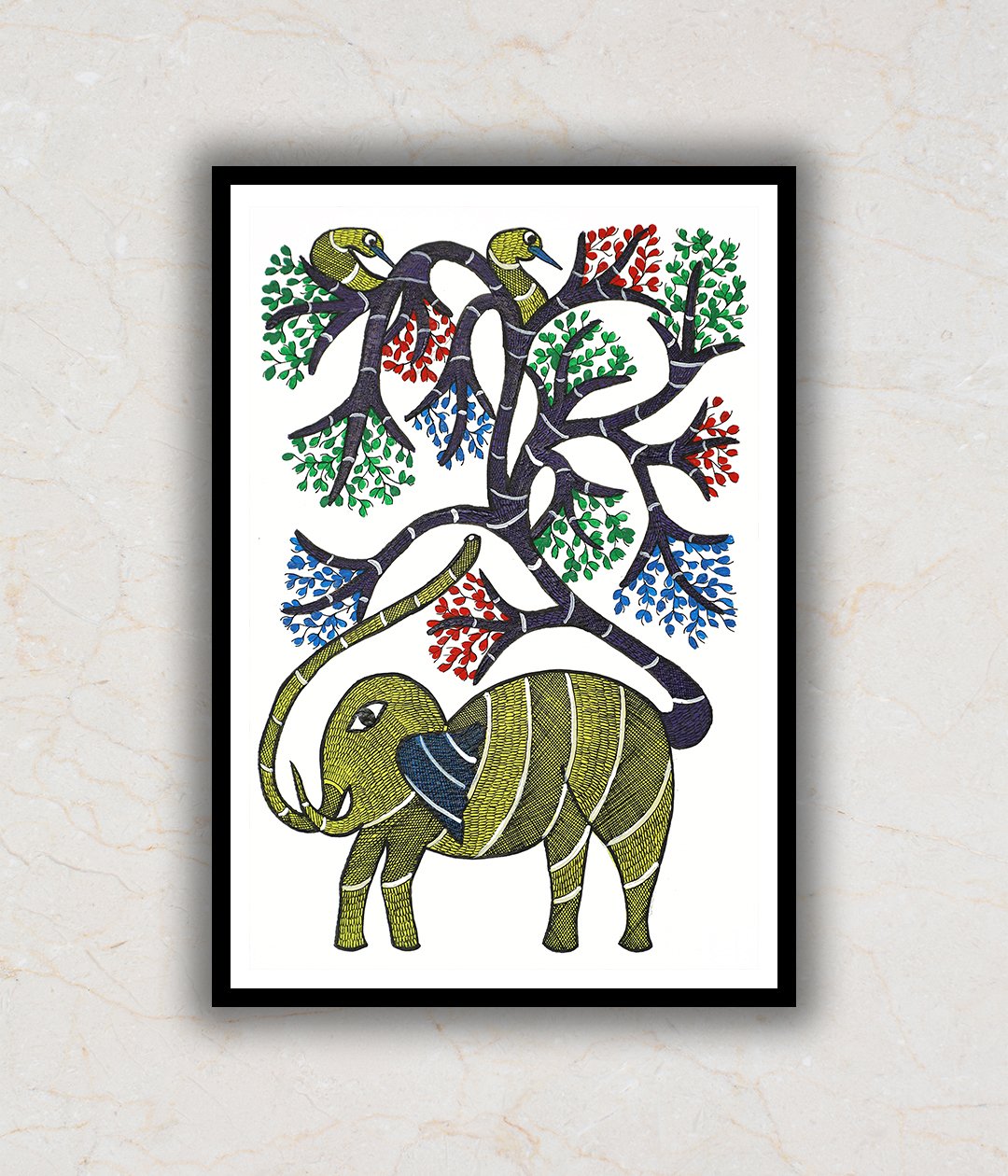 Elephant and Tree Gond Art Painting For Home Wall Art Decor