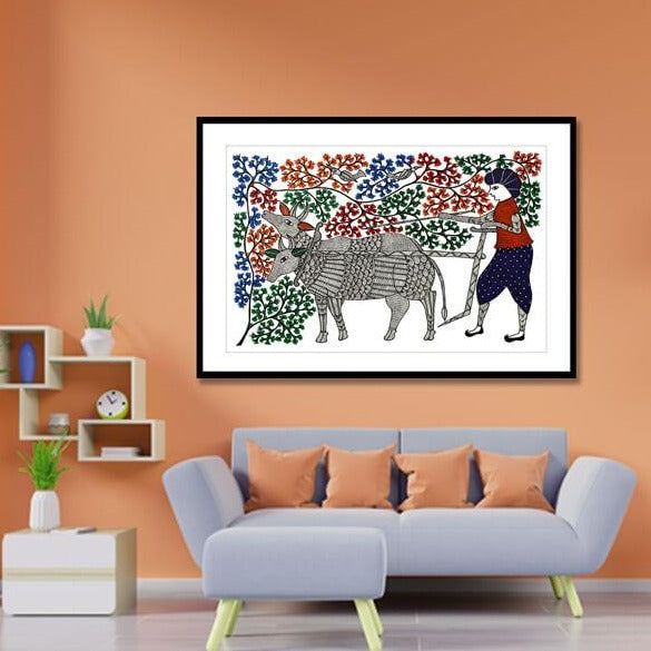 Village Scene Gond Art Painting For Home Wall Art Decor