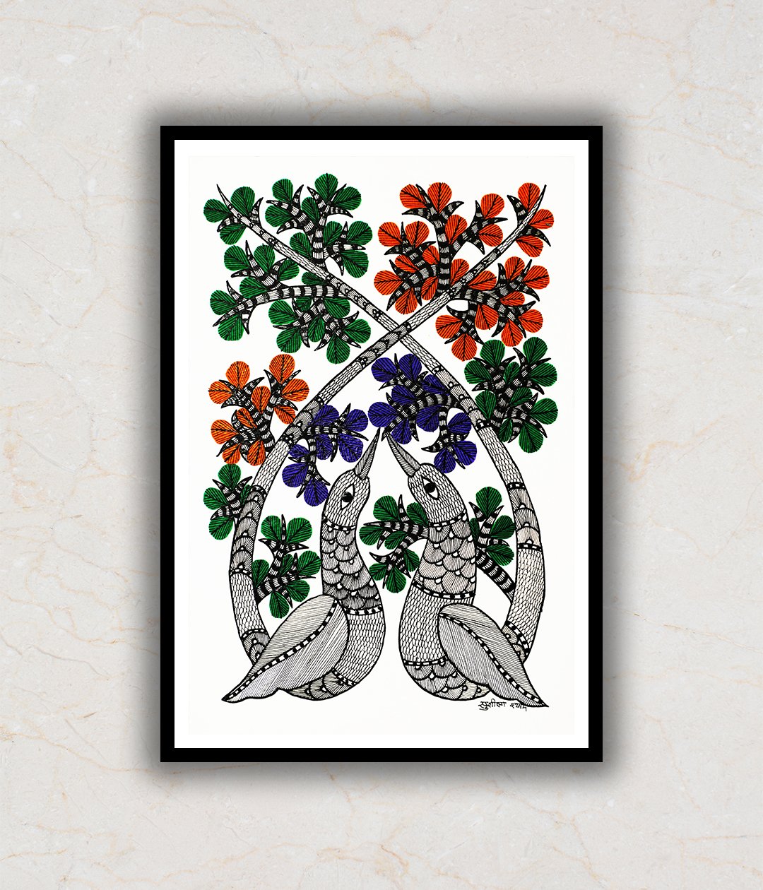 Two Peacocks Gond Art Painting For Home Wall Art Decor