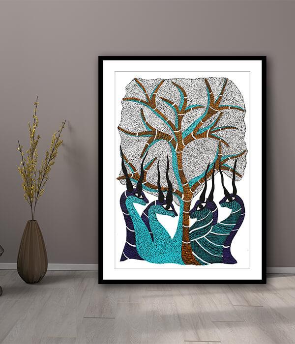 Blue Deers and Tree Gond Art Painting For Home Wall Art Decor