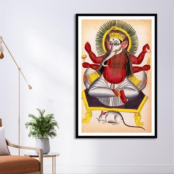 Ganesha enthroned holding his symbols with his rat - Ganesh/Ganpati Artwork Art Painting For Home Wall Art Decor