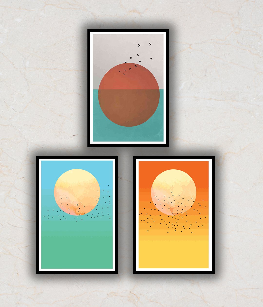 Sunrise and Sunset Set Of 3 Madhubani Abstract Art Paintings For Home Wall Decor