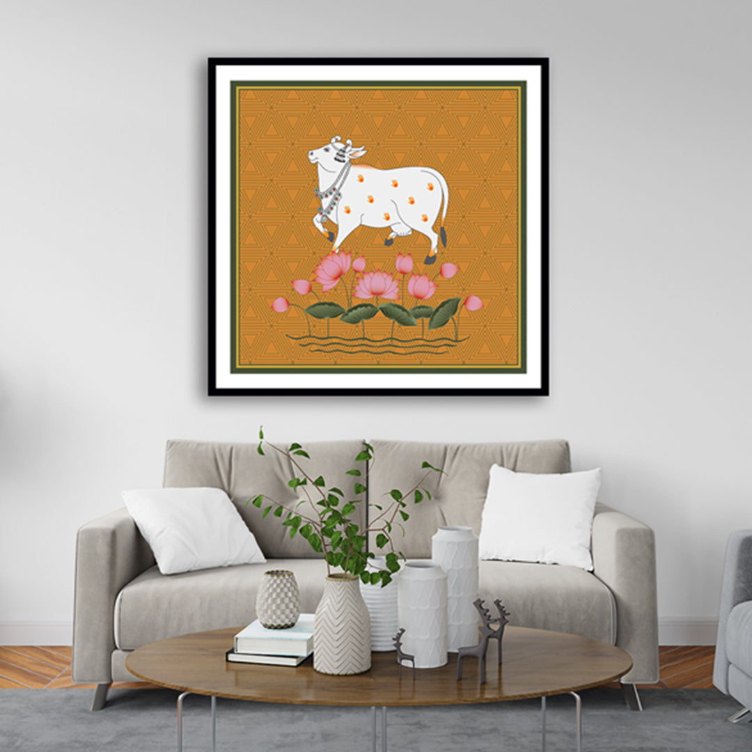 Contemporary Style Orange Nandi Pichwai Art Painting For Home Wall Art Decor