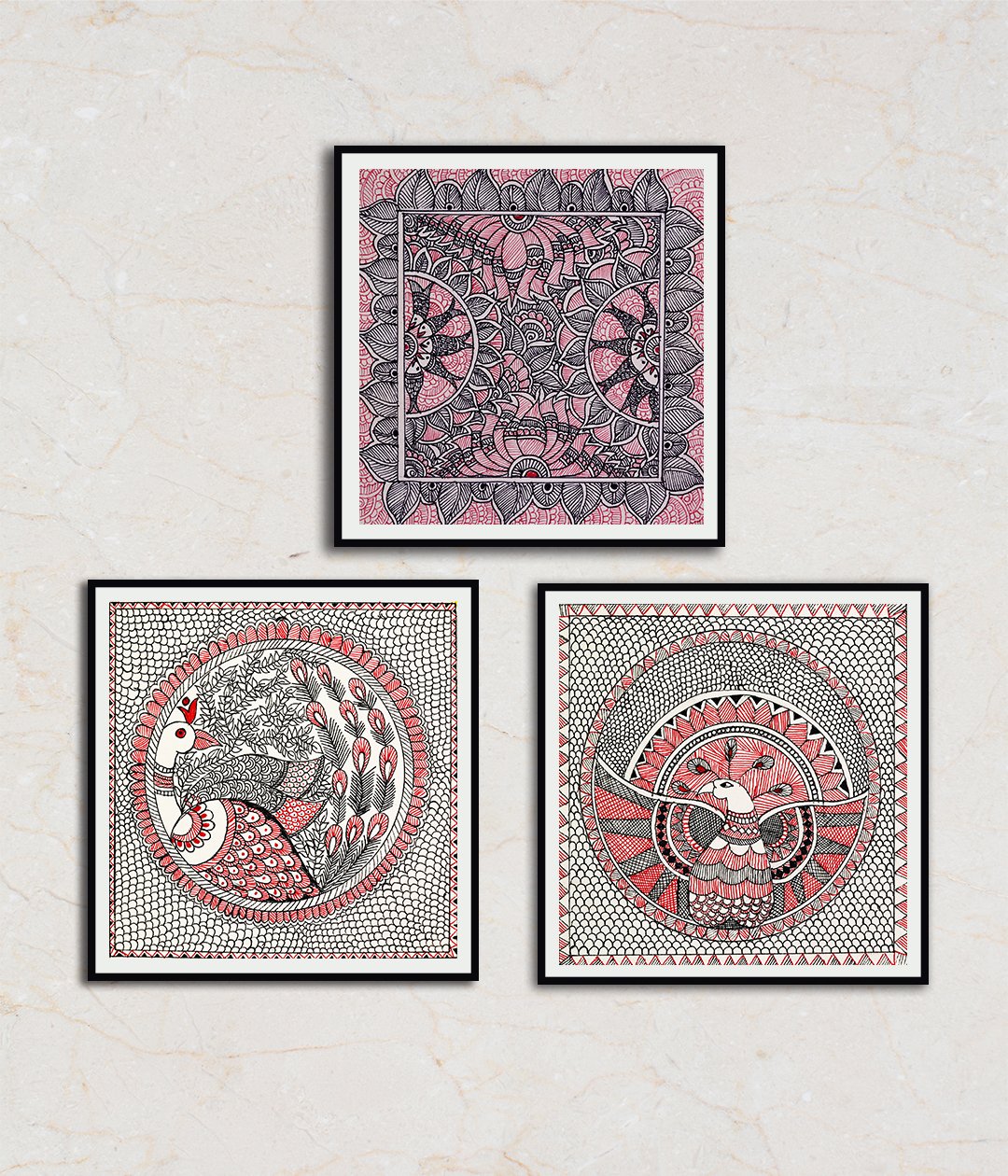 Monotone Madhubani Painting Set Of 3 Madhubani Art Paintings For Home Wall Decor