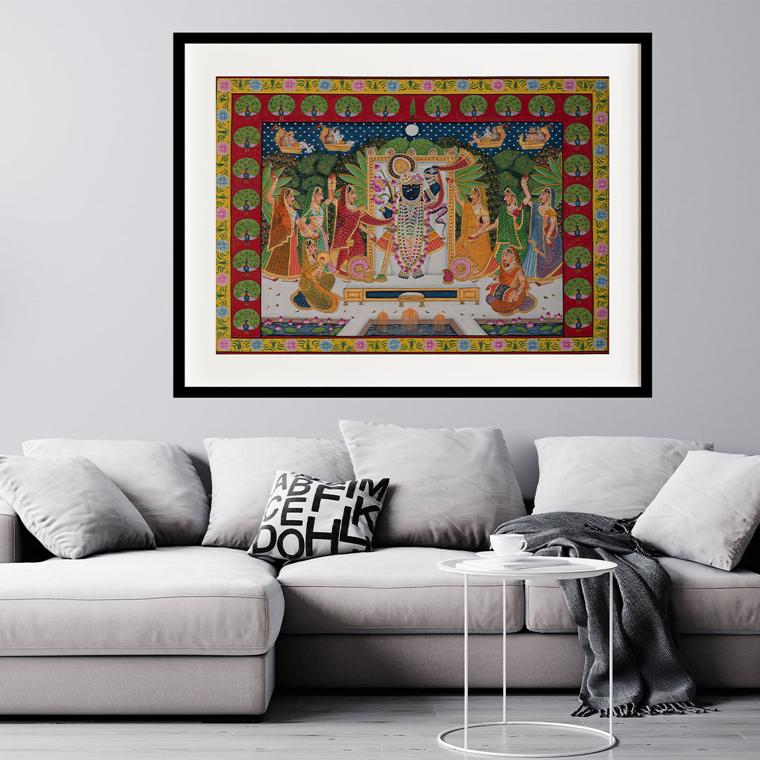 Sharad Purnima Morkuti Theme Pichwai Artwork Painting For Home Wall Dacor