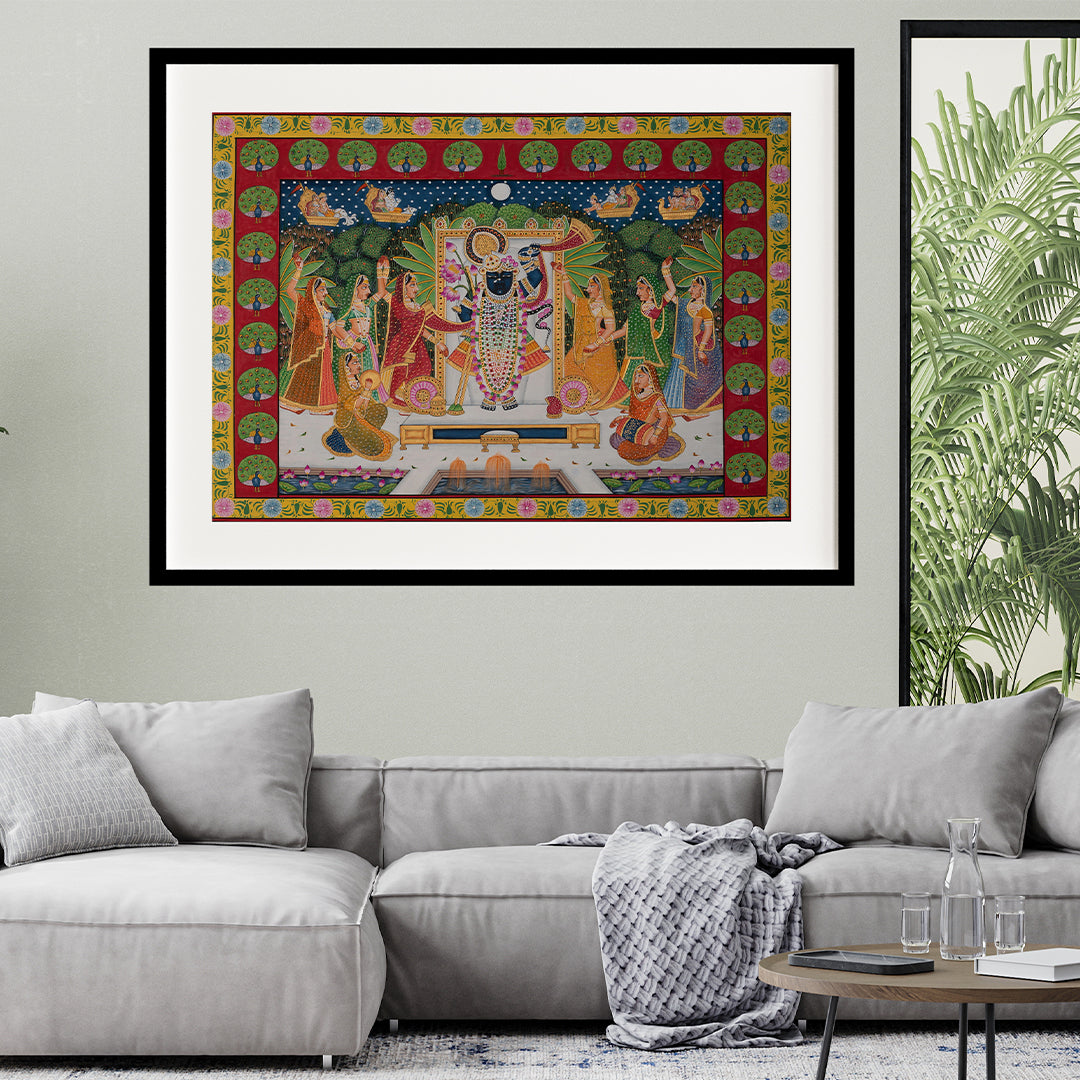 Sharad Purnima Morkuti Theme Pichwai Artwork Painting For Home Wall Dacor