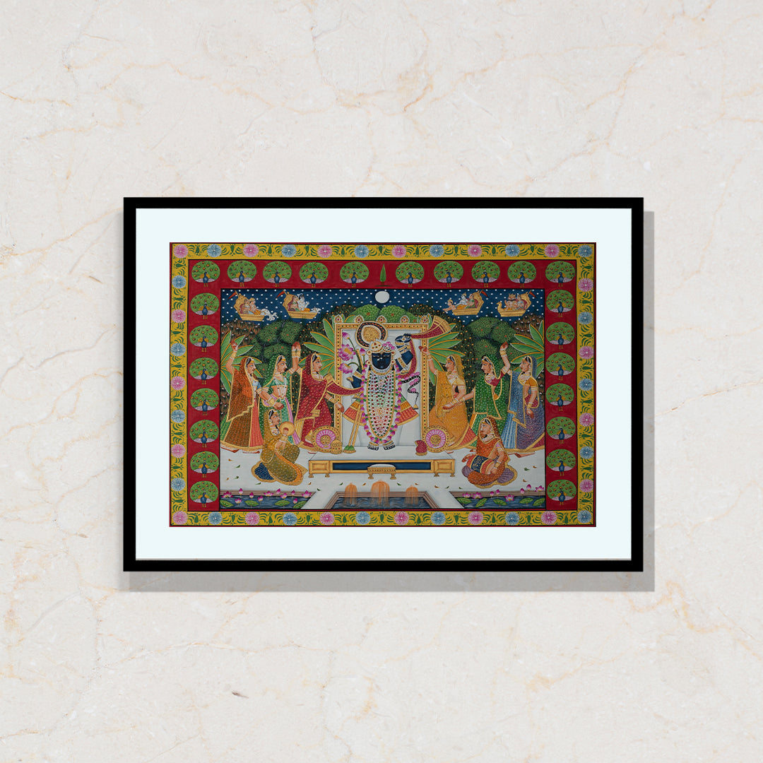 Sharad Purnima Morkuti Theme Pichwai Artwork Painting For Home Wall Dacor