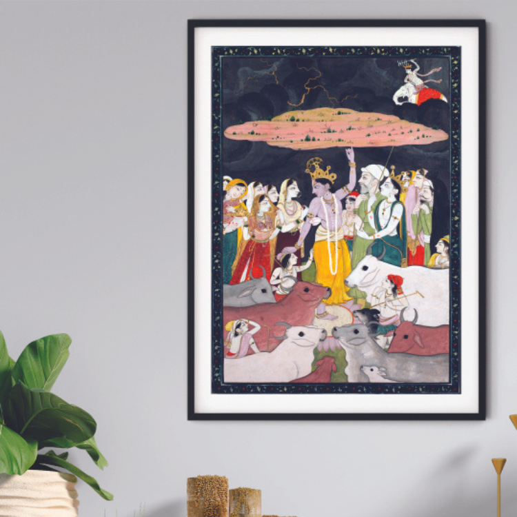 Framed Lord Krishna Govardhan Pahari Art Painting For Home Wall Art Decor