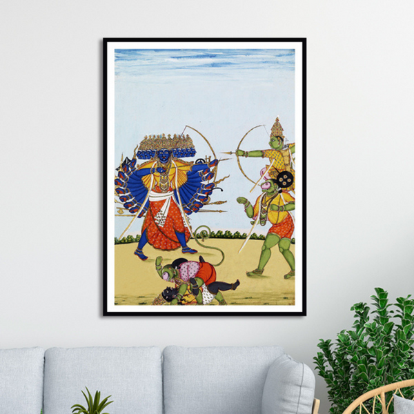 Rama and Hanuman Fighting Ravana Artwork Painting For Home Wall Art DŽcor