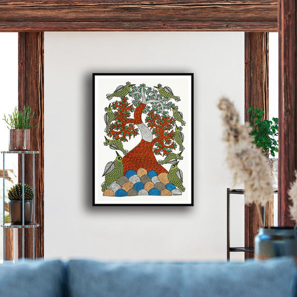 Land of Feathers Gond Art Painting For Home Wall Art Decor