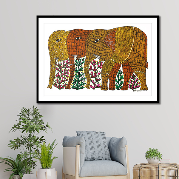 Three Elephants Gond Art Painting For Home Wall Art Decor