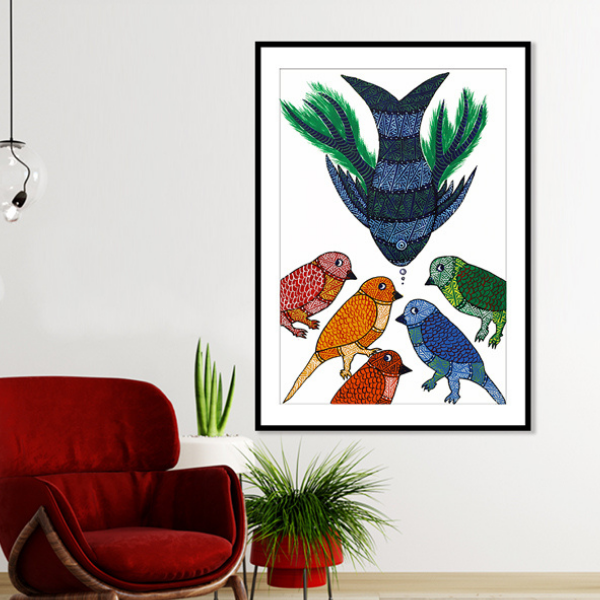 Fishes and peacocks Gond Art Painting For Home Wall Art Decor