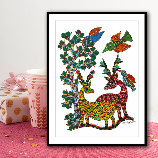 Two Deers and Tree Gond Art Painting For Home Wall Art Decor