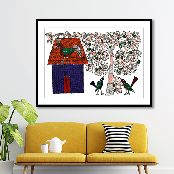 Village Hut and tree Gond Art Painting For Home Wall Art Decor