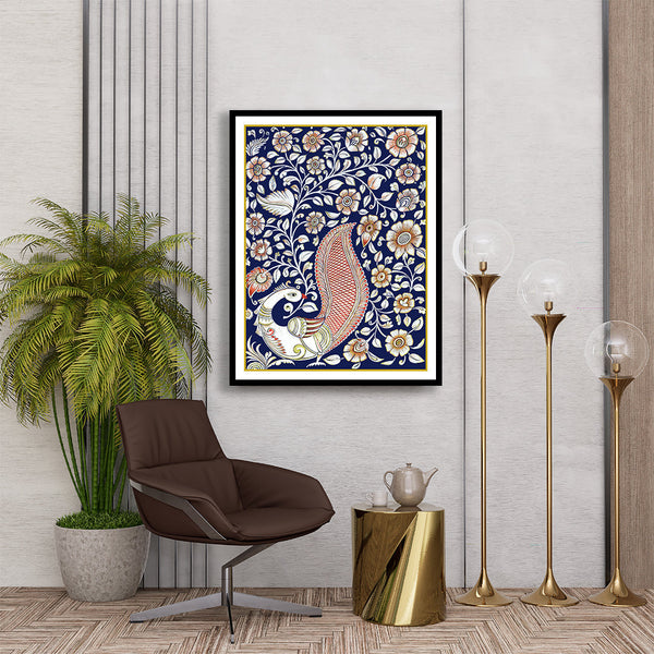 Royal Blue Peacock Kalamkari Artwork Painting For Home Wall Decor