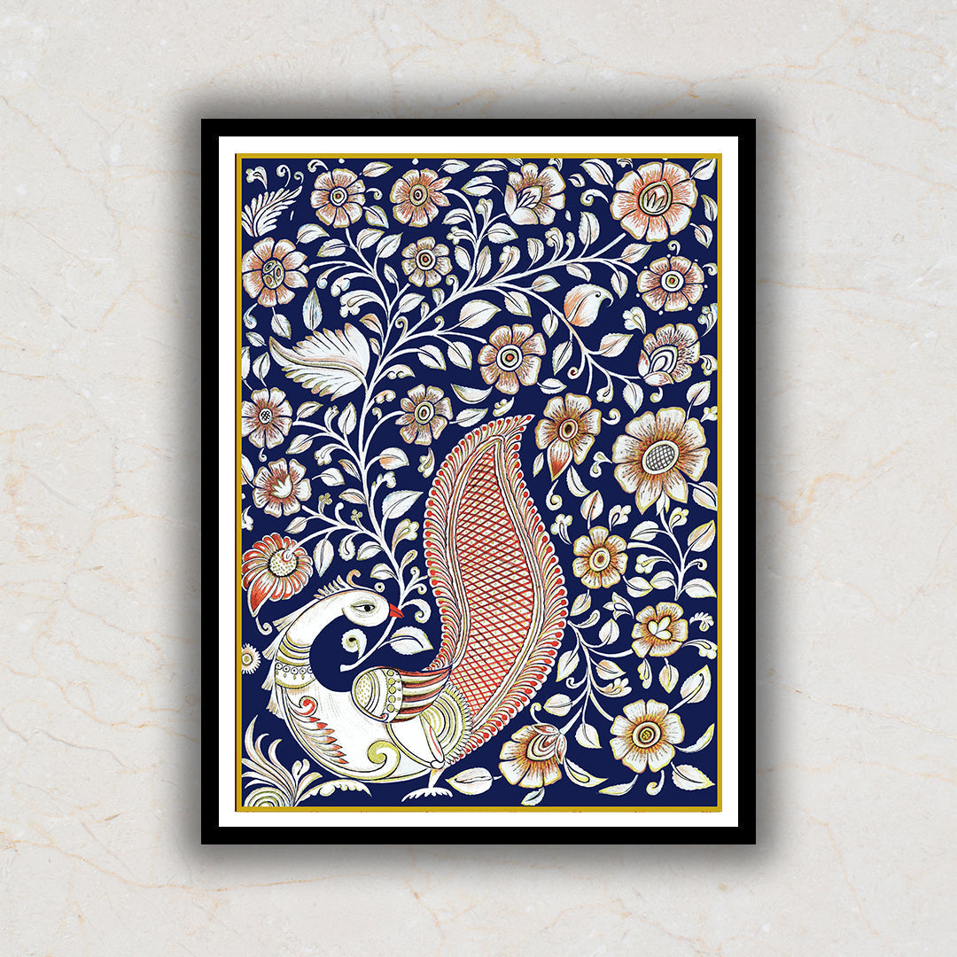 Royal Blue Peacock Kalamkari Artwork Painting For Home Wall Decor