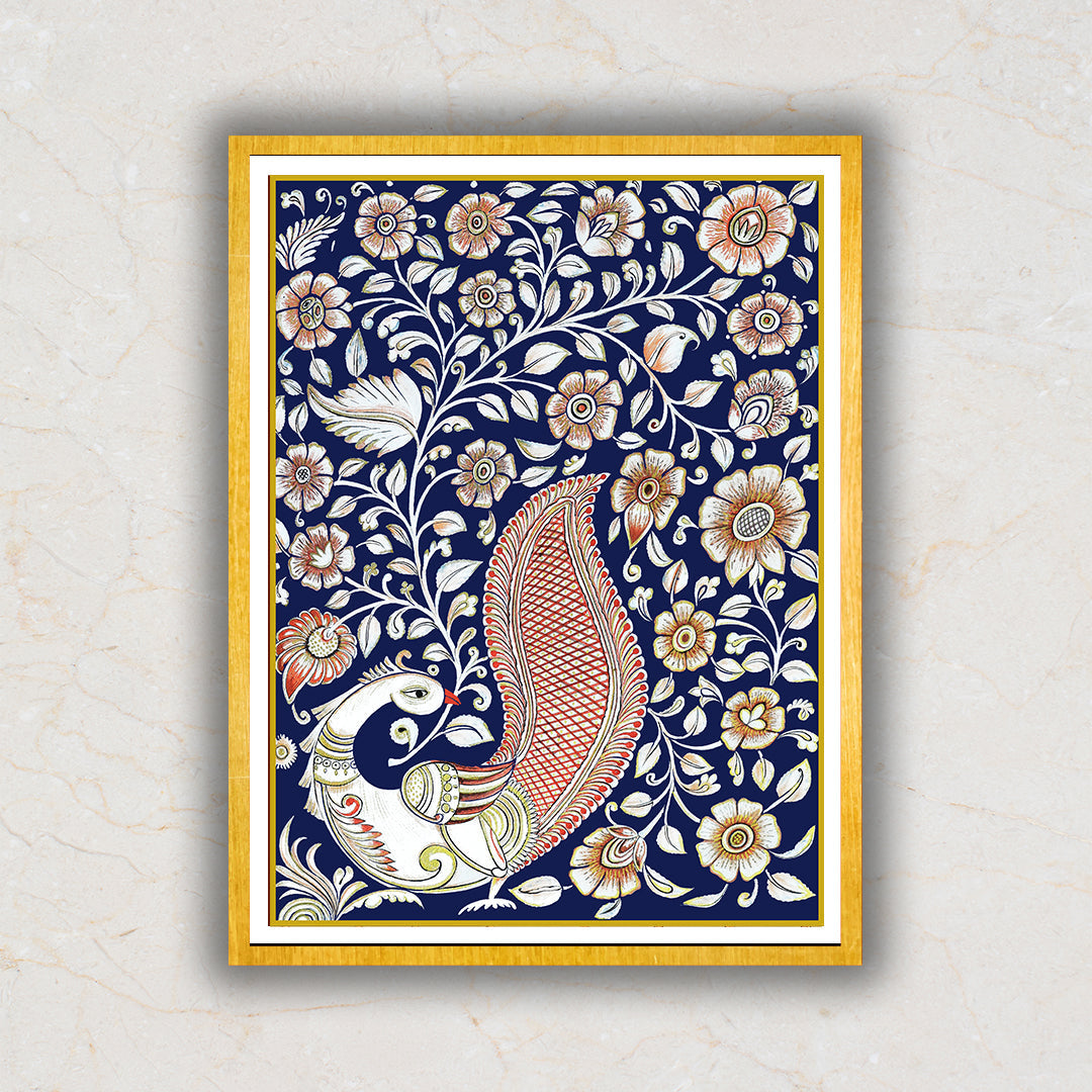 Royal Blue Peacock Kalamkari Artwork Painting For Home Wall Decor