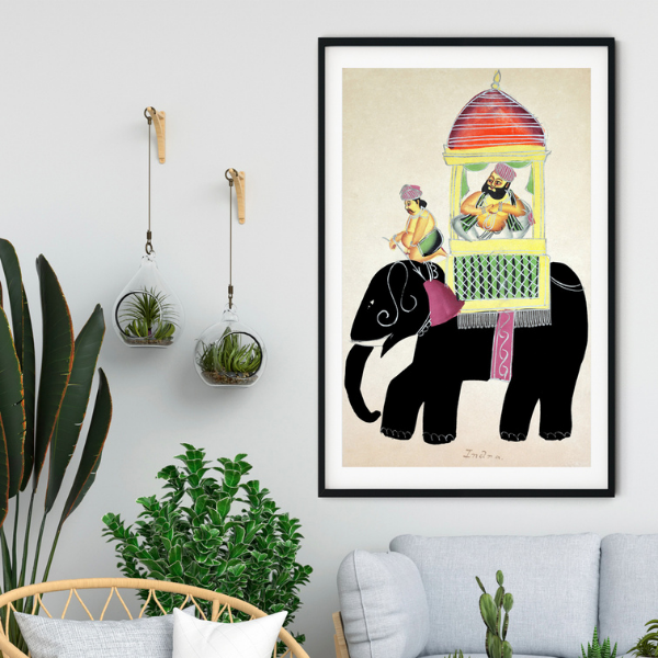 Man Riding an Elephant Kalighat Art Painting For Home Wall Art Decor