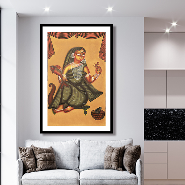 Woman wielding Fish Kalighat Art Painting For Home Wall Art Decor