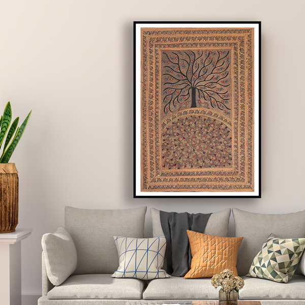 Tree of Life & Fish Pond Madhubani Art Painting For Home Wall Art Decor