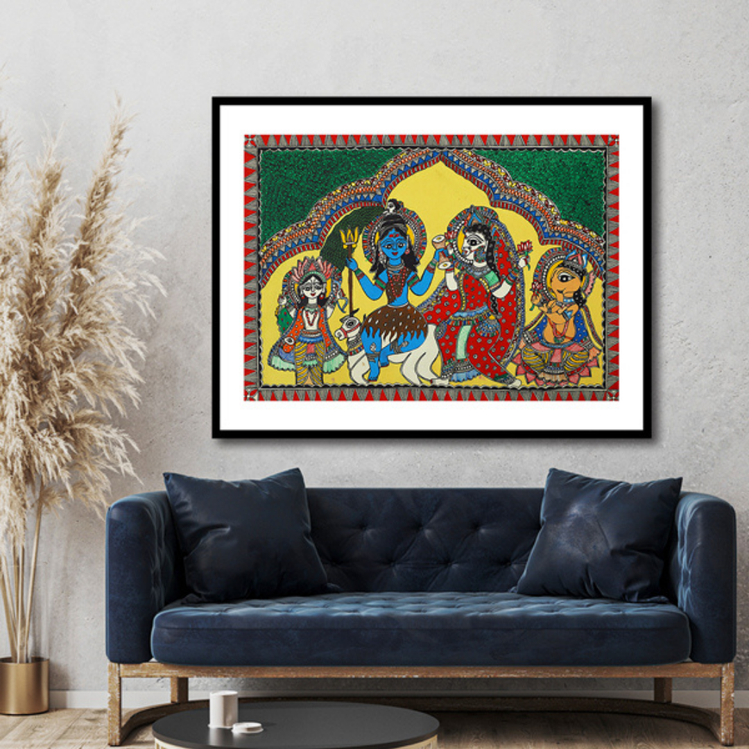 Shiv Parivaar Madhubani Art Painting For Home Wall Art Decor