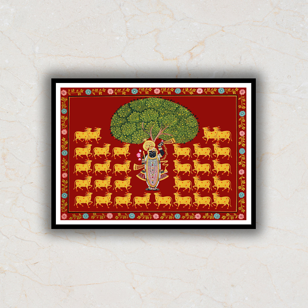 Maroon Background Shrinath ji Gold Cows Pichwai Artwork