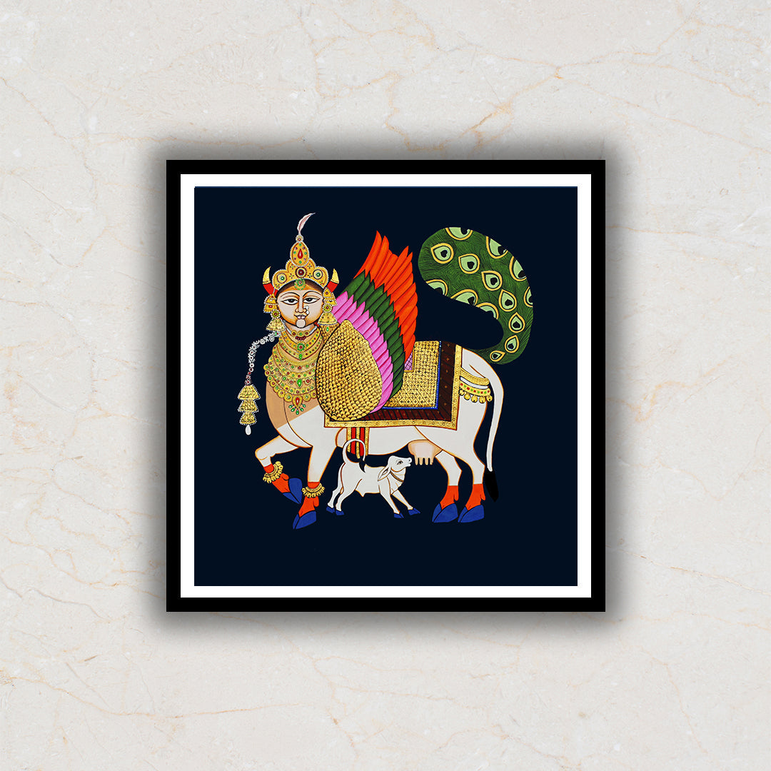 Sacred and Auspicious Kamdhenu with Calf Pichwai Artwork For Home Decor