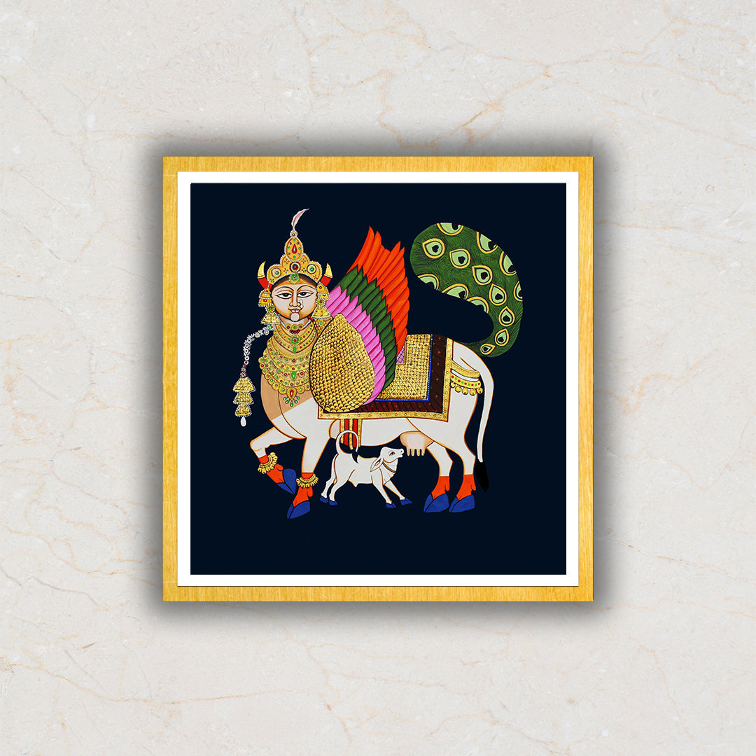 Sacred and Auspicious Kamdhenu with Calf Pichwai Artwork For Home Decor