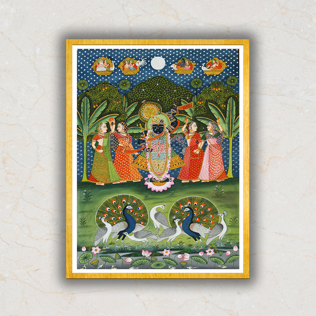 Shrinath ji With Gopis and Peacocks Pichwai Artwork For Home Decor