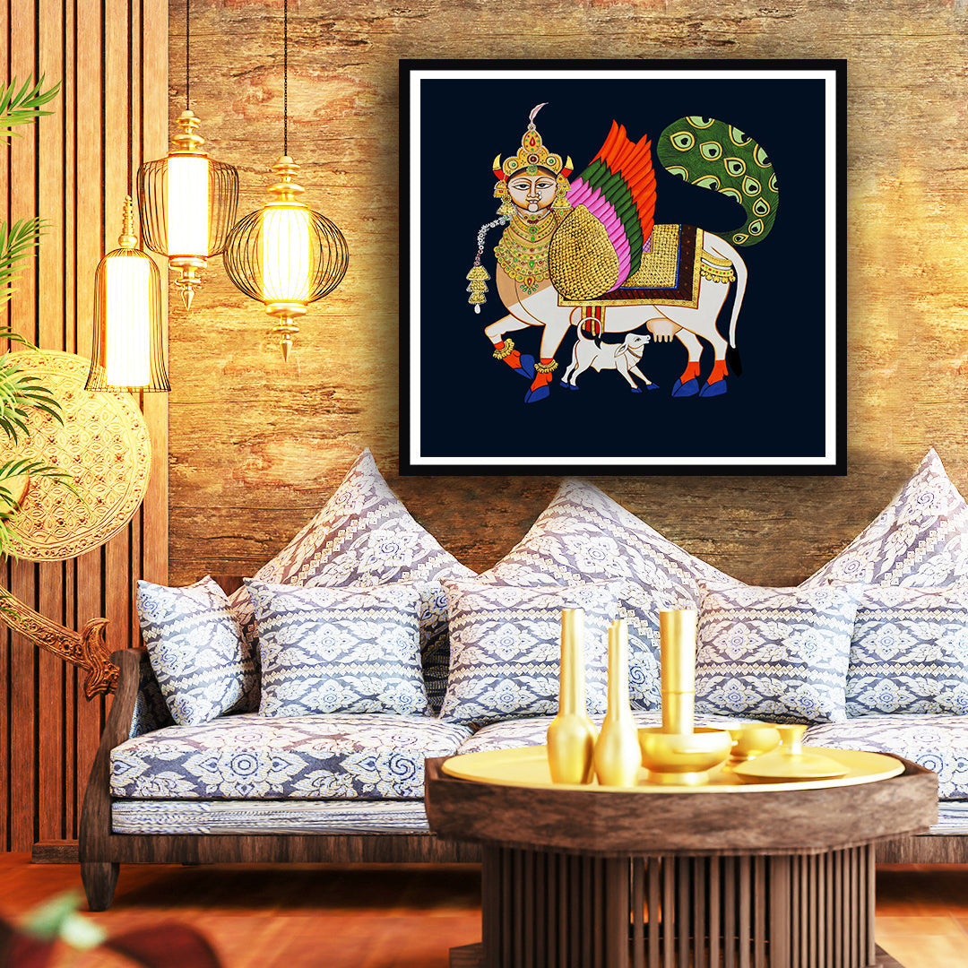 Sacred and Auspicious Kamdhenu with Calf Pichwai Artwork For Home Decor 